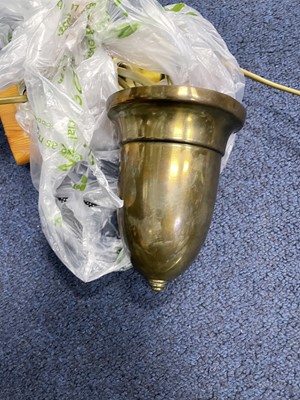 Lot 200 - A BRASS CEILING PENDANT, TWO WALL SCONCES AND THREE OTHER LIGHTS