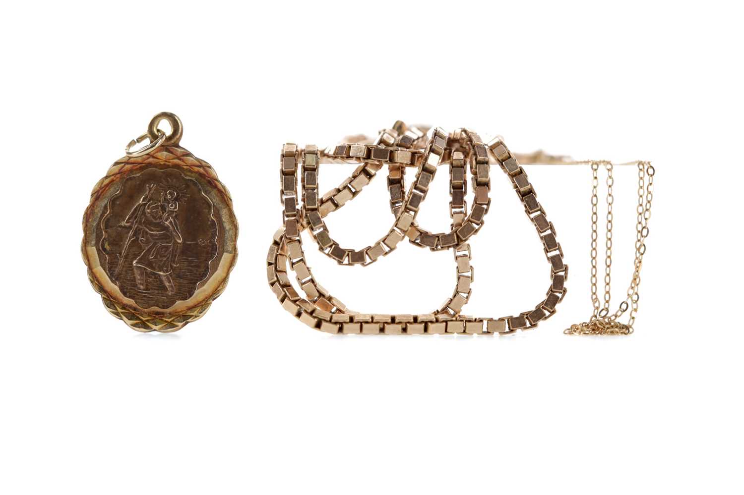 Lot 305 - A GOLD BOX CHAIN, A THIN CHAIN AND A ST CHRISTOPHER PENDANT
