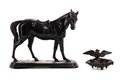 Lot 368 - AN EARLY 20TH CENTURY BRONZED SPELTER FIGURE OF A HORSE, ALONG WITH A PIN DISH