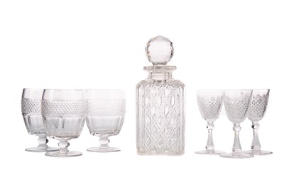 Lot 388 - A SET OF SIX EARLY 20TH CENTURY CUT GLASS RUMMERS, ALONG WITH THREE DECANTERS, TUMBLERS AND GLASSES