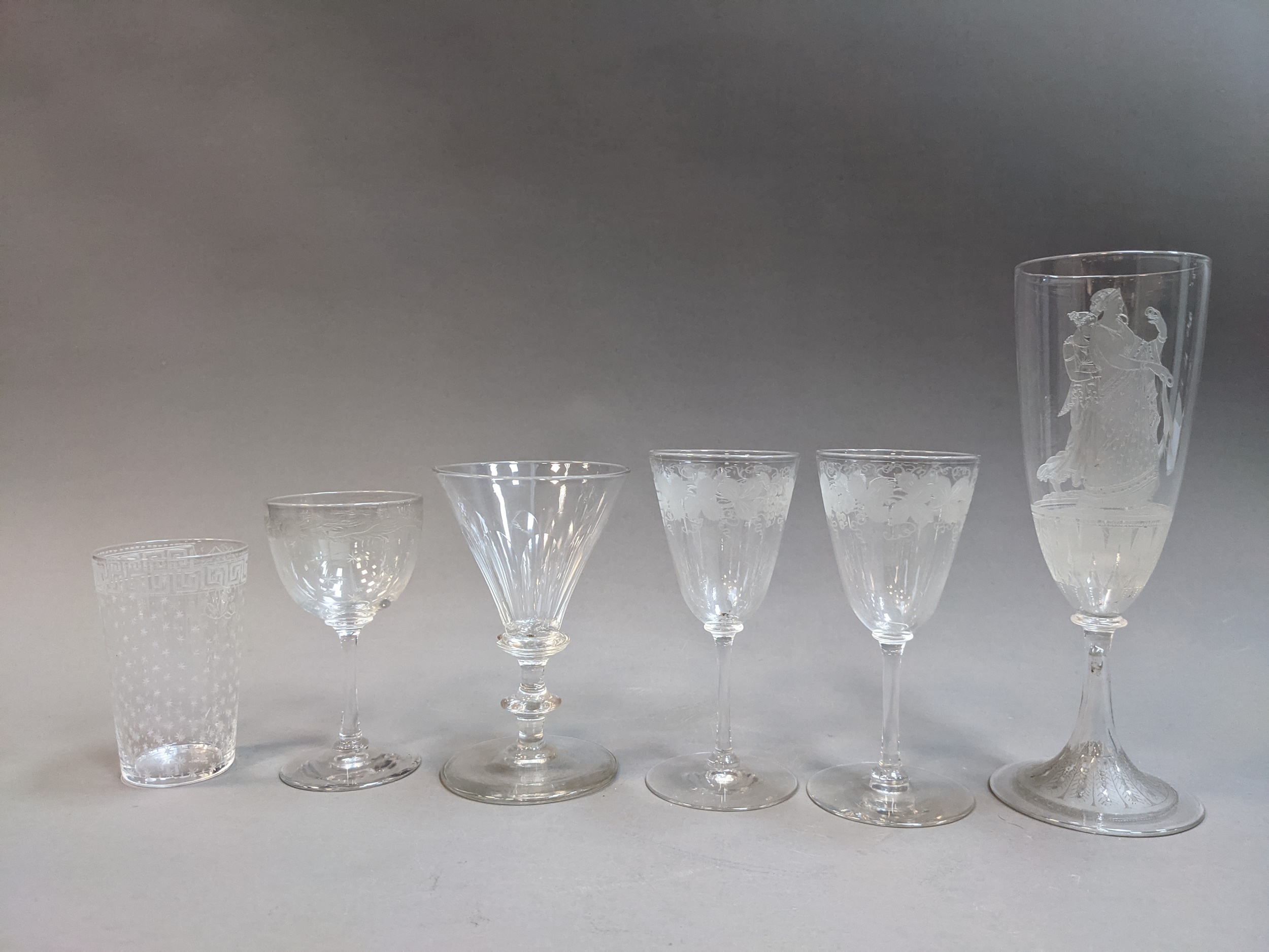 5 Vintage Etched CRYSTAL Port Wine Glasses, Fostoria, Vintage