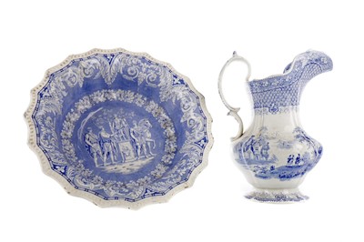 Lot 516 - A MID-VICTORIAN STAFFORDSHIRE BLUE & WHITE EARTHENWARE WASH BASIN AND EWER