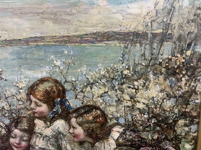 Lot 29 - THREE YOUNG GIRLS AMONGST BLOSSOM, BRIGHOUSE BAY BEYOND, AN OIL BY EDWARD ATKINSON HORNEL