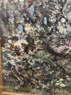 Lot 29 - THREE YOUNG GIRLS AMONGST BLOSSOM, BRIGHOUSE BAY BEYOND, AN OIL BY EDWARD ATKINSON HORNEL