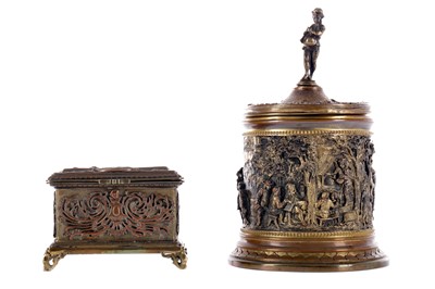 Lot 345 - A LATE 19TH CENTURY FRENCH BRASS AND COPPER JAR AND COVER, ALONG WITH A CASKET