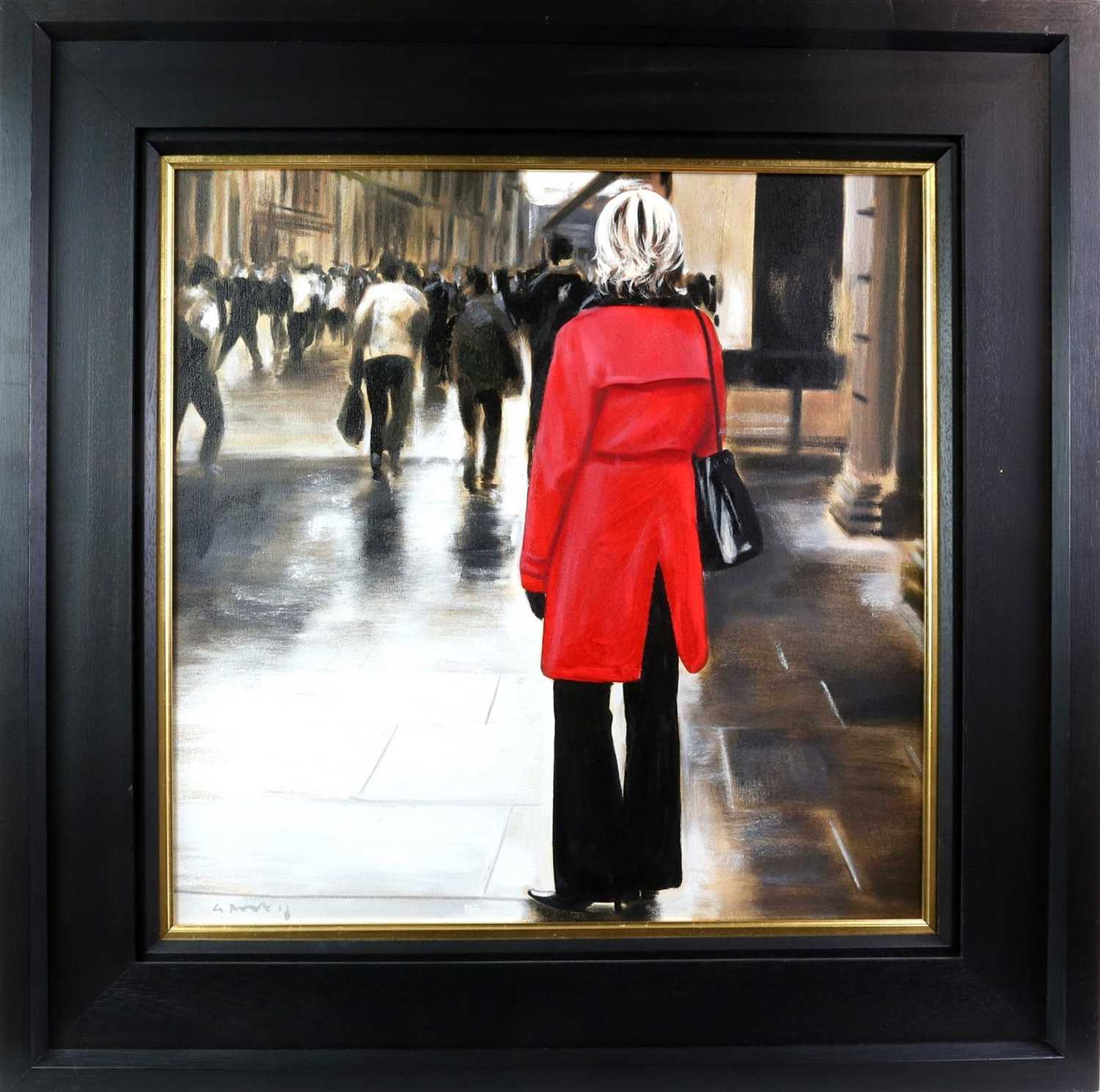 Lot 502 - RED COAT IN THE CITY (GLASGOW), AN OIL BY GERARD BURNS