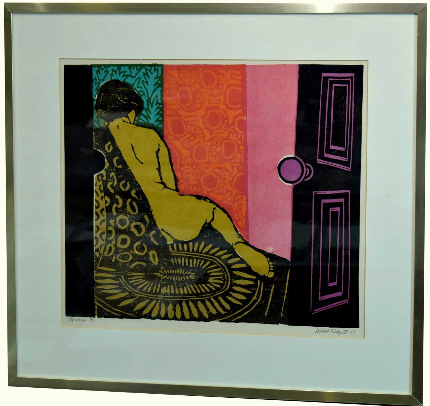 Lot 562 - REVERIE, A LINO & WOODCUT BY WILLIE RODGER
