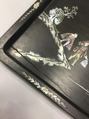 Lot 802 - A 20TH CENTURY CHINESE LACQUERED TRAY AND THREE METAL WALL HANGINGS