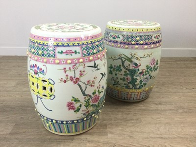 Lot 825 - A PAIR OF EARLY 20TH CENTURY CHINESE POLYCHROME BARREL SHAPED STOOLS