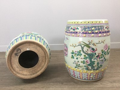 Lot 825 - A PAIR OF EARLY 20TH CENTURY CHINESE POLYCHROME BARREL SHAPED STOOLS