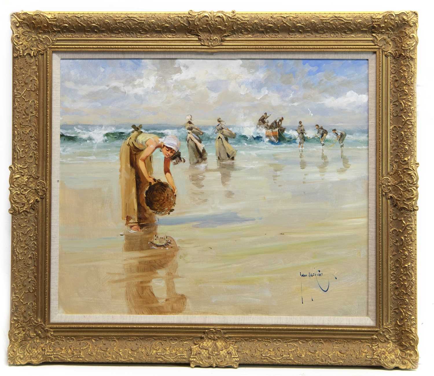 Lot 628 - THE BEACHCOMBERS, AN OIL BY JOHN HASKINS