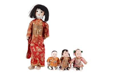 Lot 884 - A 20TH CENTURY CHINESE BISQUE HEADED DOLL AND THREE SMALLER DOLLS