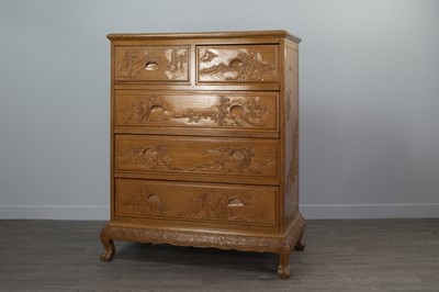 Lot 790 - A 20TH CENTURY CHINESE CARVED WOOD CHEST OF DRAWERS