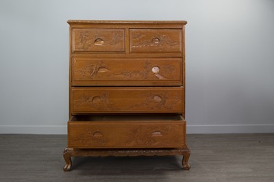 Lot 790 - A 20TH CENTURY CHINESE CARVED WOOD CHEST OF DRAWERS