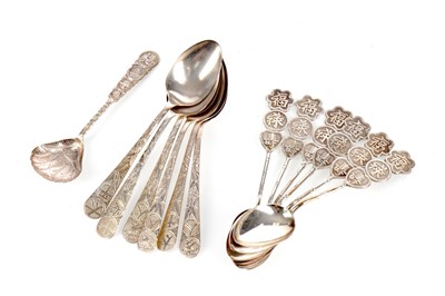 Lot 895 - A LOT OF TWO SETS OF SIX CHINESE SILVER TEASPOONS AND A CADDY SPOON