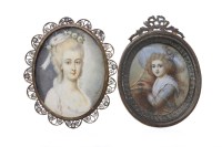 Lot 1107 - TWO PORTRAIT MINIATURES depicting a woman in...