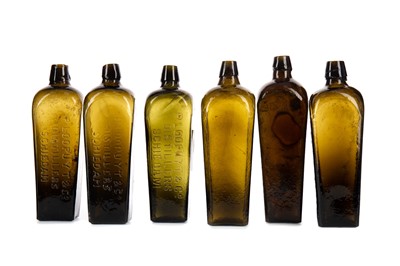 Lot 411 - A COLLECTION OF SIX MID-19TH CENTURY DUTCH GLASS GIN BOTTLES