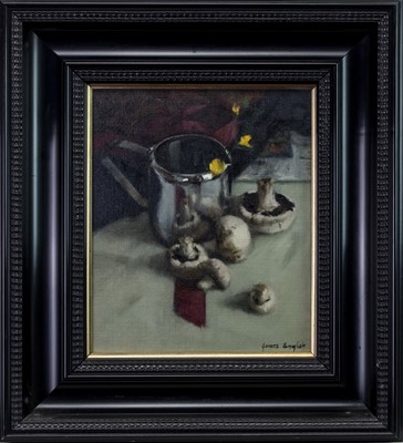 Lot 697 - WILD MUSHROOMS, AN OIL BY JAMES ENGLISH