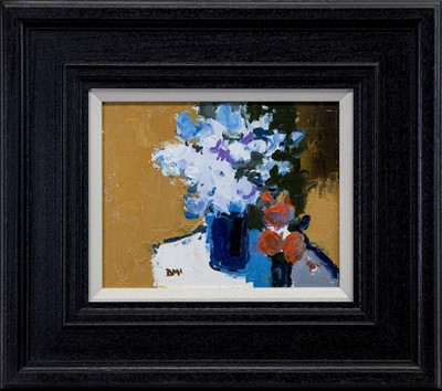 Lot 663 - BLUE AND WHITE FLOWERS, AN OIL BY DONALD MCINTYRE