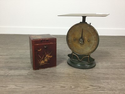 Lot 204 - A SET OF VICTORIAN POSTAL SCALES, A JAPANNED TEA CADDY AND A LAP DESK