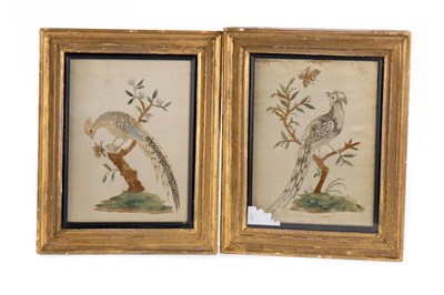 Lot 459 - A PAIR OF LATE 19TH CENTURY CHINESE EMBROIDERED SILK PANELS, ALONG WITH ANOTHER