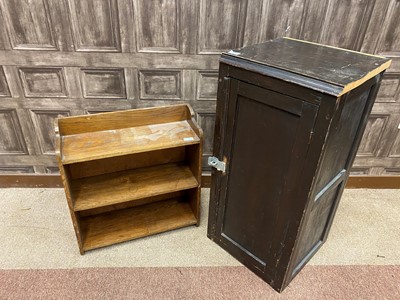 Lot 212 - A PITCH PINE BEDSIDE LOCKER, OPEN BOOKCASE AND A GREEN TOOL CHEST