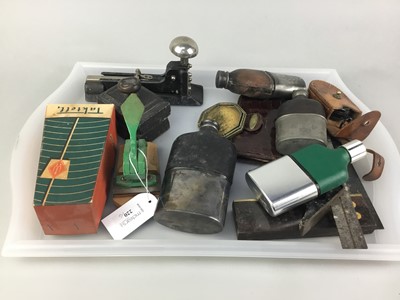 Lot 220 - A LOT OF FOUR HIP FLASKS, A MILITARY COMPASS AND OTHER ITEMS