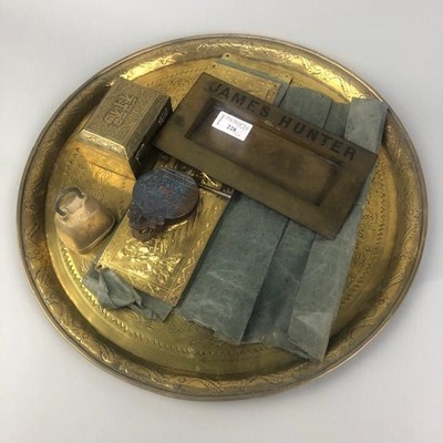 Lot 228 - A BRASS LETTER BOX FRONT AND OTHER BRASS WARE