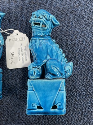 Lot 355 - A LATE 19TH CENTURY CHINESE TURQUOISE GLAZED TEAPOT AND COVER, ALONG WITH A PAIR OF FOO DOGS