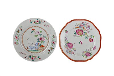 Lot 414 - A PAIR OF LATE 18TH CENTURY CHINESE FAMILLE ROSE PLATES, ALONG WITH TWO OTHERS