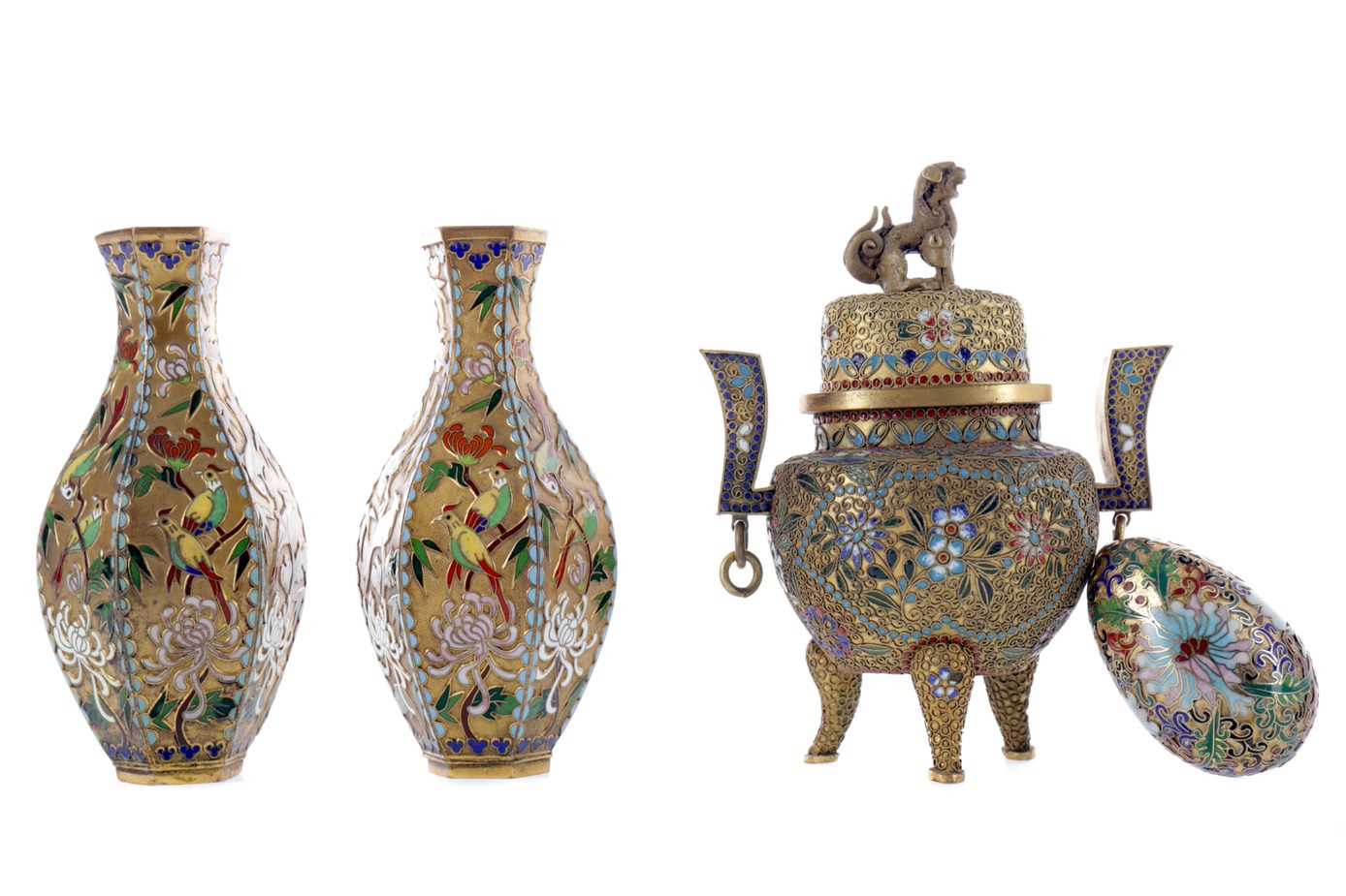 Lot 98 - A PAIR OF MID-20TH CENTURY CHINESE CLOISONNÉ VASES, ALONG WITH TWO CENSORS AND AN EGG