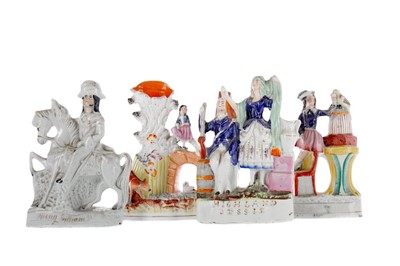 Lot 398 - A COLLECTION OF FOUR MID-19TH CENTURY STAFFORDSHIRE FLATBACK FIGURES