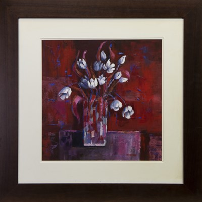 Lot 780 - WHITE TULIPS ON RED, AN ACRYLIC BY LYNNE JOHNSTONE