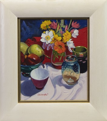 Lot 779 - FRUIT, FLOWERS AND A SANDERS & WALLACE VASE, AN OIL BY FRANK COLCLOUGH
