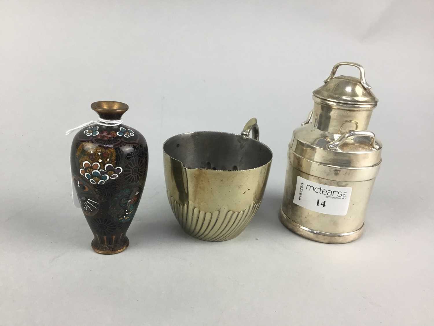 Lot 14 - A CHINESE CLOISONNE VASE ALONG WITH TWO CREAMERS