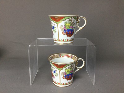 Lot 359 - A PAIR OF WORCESTER 'DRAGONS IN COMPARTMENTS' TEACUPS AND SAUCERS, AND SIX COFFEE CANS