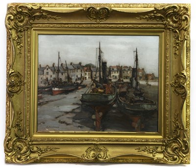 Lot 176 - LOW TIDE IN THE HARBOUR, PITTENWEEM BY ARTHUR MACDONALD