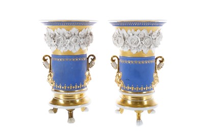 Lot 305 - A PAIR OF MID-19TH CENTURY CONTINENTAL PORCELAIN SPILL VASES