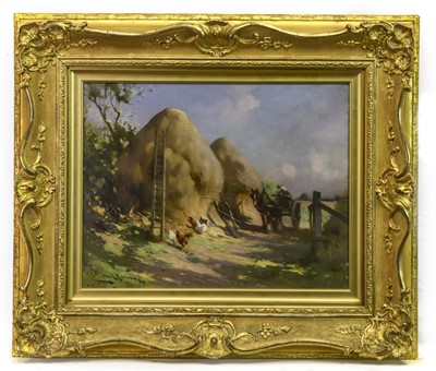 Lot 180 - HAY STACKS, AN OIL BY ROBERT RUSSELL MACNEE