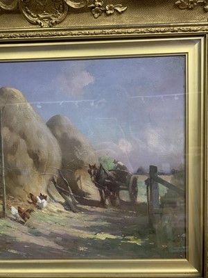 Lot 180 - HAY STACKS, AN OIL BY ROBERT RUSSELL MACNEE