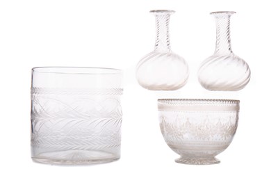 Lot 239 - A PAIR OF VICTORIAN GLASS CRUET BOTTLES, ALONG WITH A FINGER BOWL AND WINE COOLER