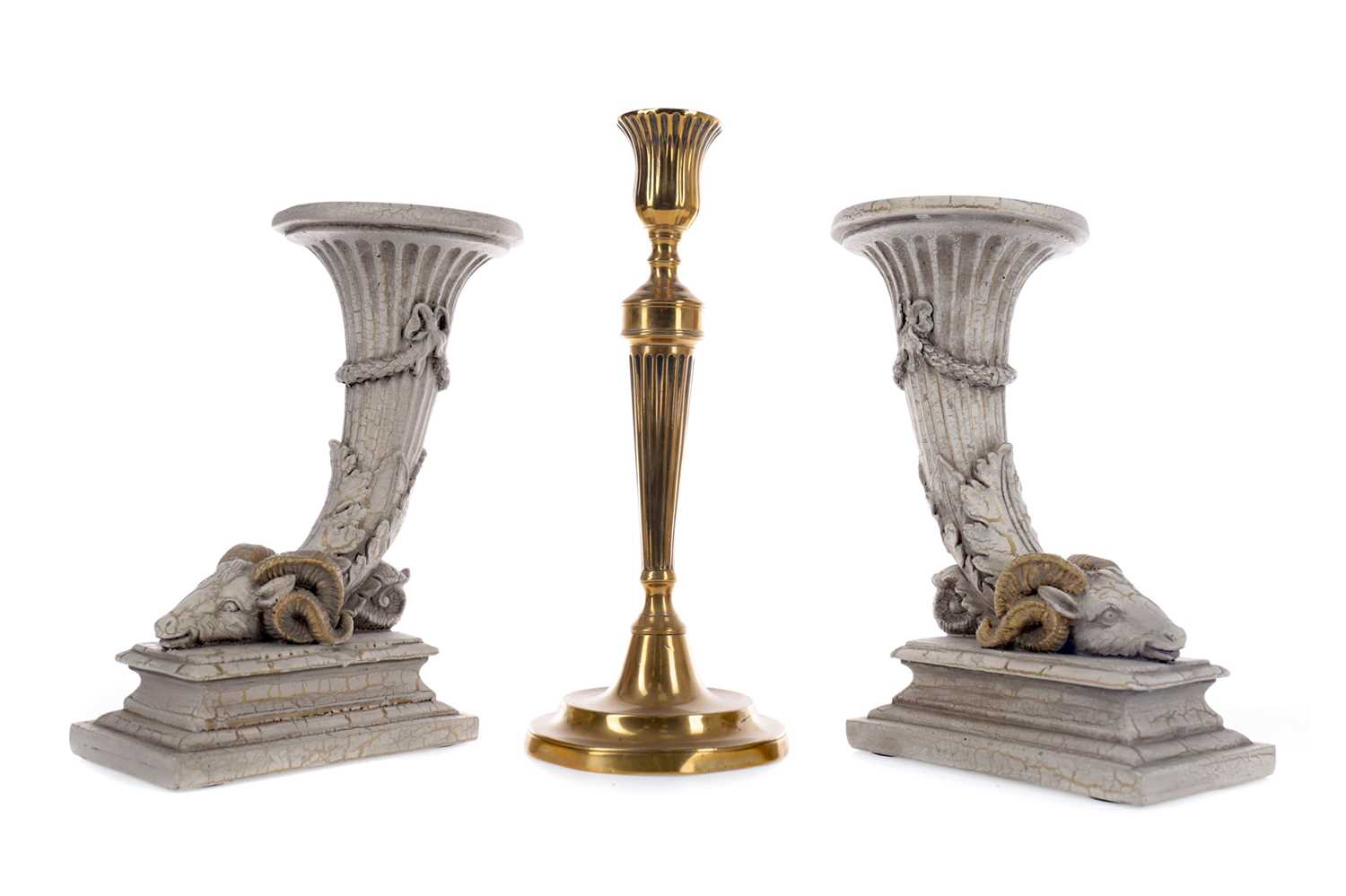 Lot 72 - A PAIR OF 20TH CENTURY SIMULATED STONE CANDLESTICKS AND A BRASS CANDLESTICK