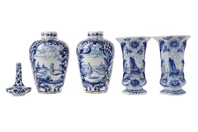 Lot 80 - A LATE 19TH CENTURY DUTCH DELFTWARE BLUE & WHITE SOLIFLEUR VASE, ALONG WITH TWO PAIRS OF VASES