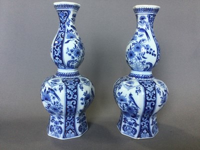 Lot 14 - A PAIR OF EARLY 20TH CENTURY DELFT BLUE AND WHITE VASES, ALONG WITH ANOTHER PAIR