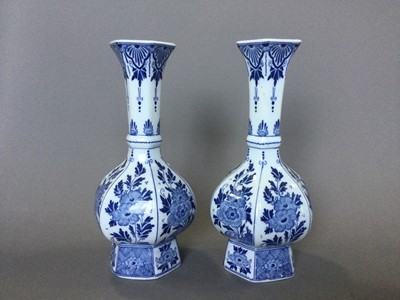 Lot 14 - A PAIR OF EARLY 20TH CENTURY DELFT BLUE AND WHITE VASES, ALONG WITH ANOTHER PAIR