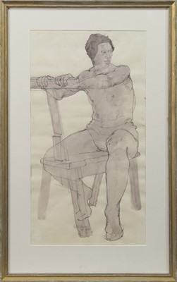 Lot 696 - MAN SEATED ON DONKEY EASEL, A WATERCOLOUR BY FYFFE CHRISTIE
