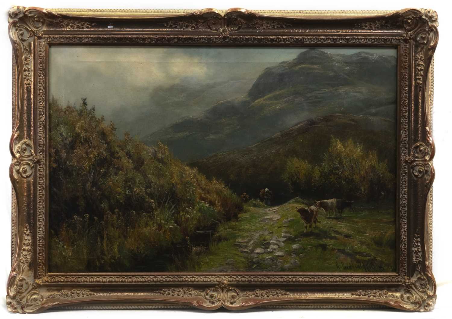 Lot 36 - GATHERERS IN THE HIGHLANDS, AN OIL BY HENRY HADFIELD CUBLEY