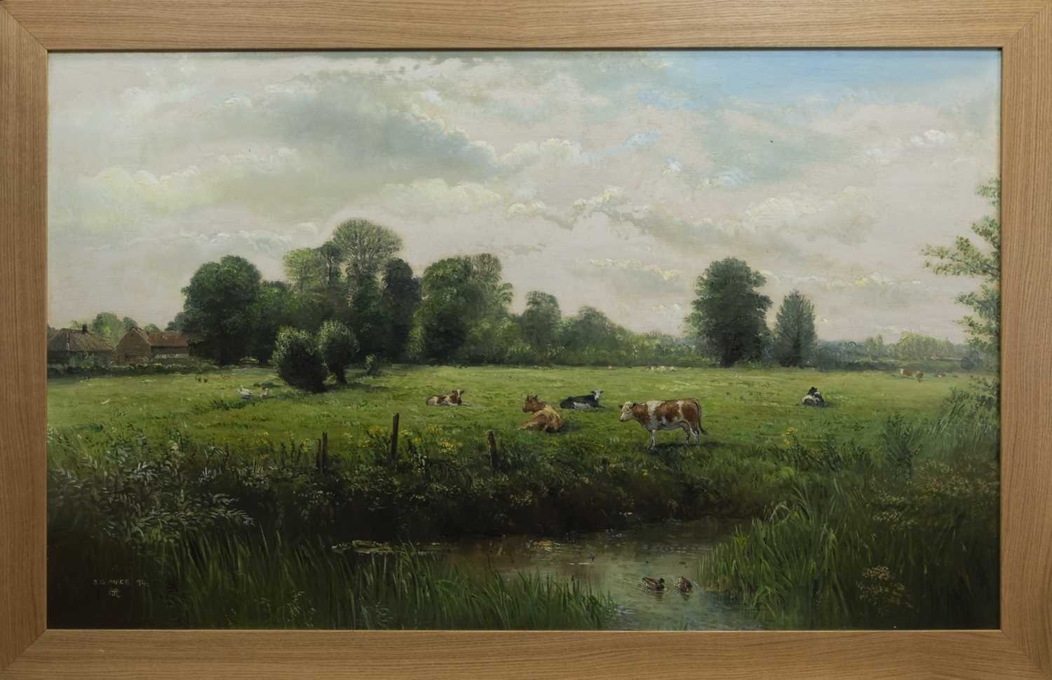 Lot 63 - CATTLE BY THE RIVER, AN OIL BY J G MACE