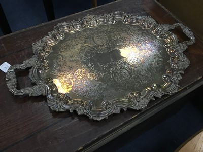 Lot 359 - A VICTORIAN SILVER PLATED TEA TRAY ALONG WITH A CANE