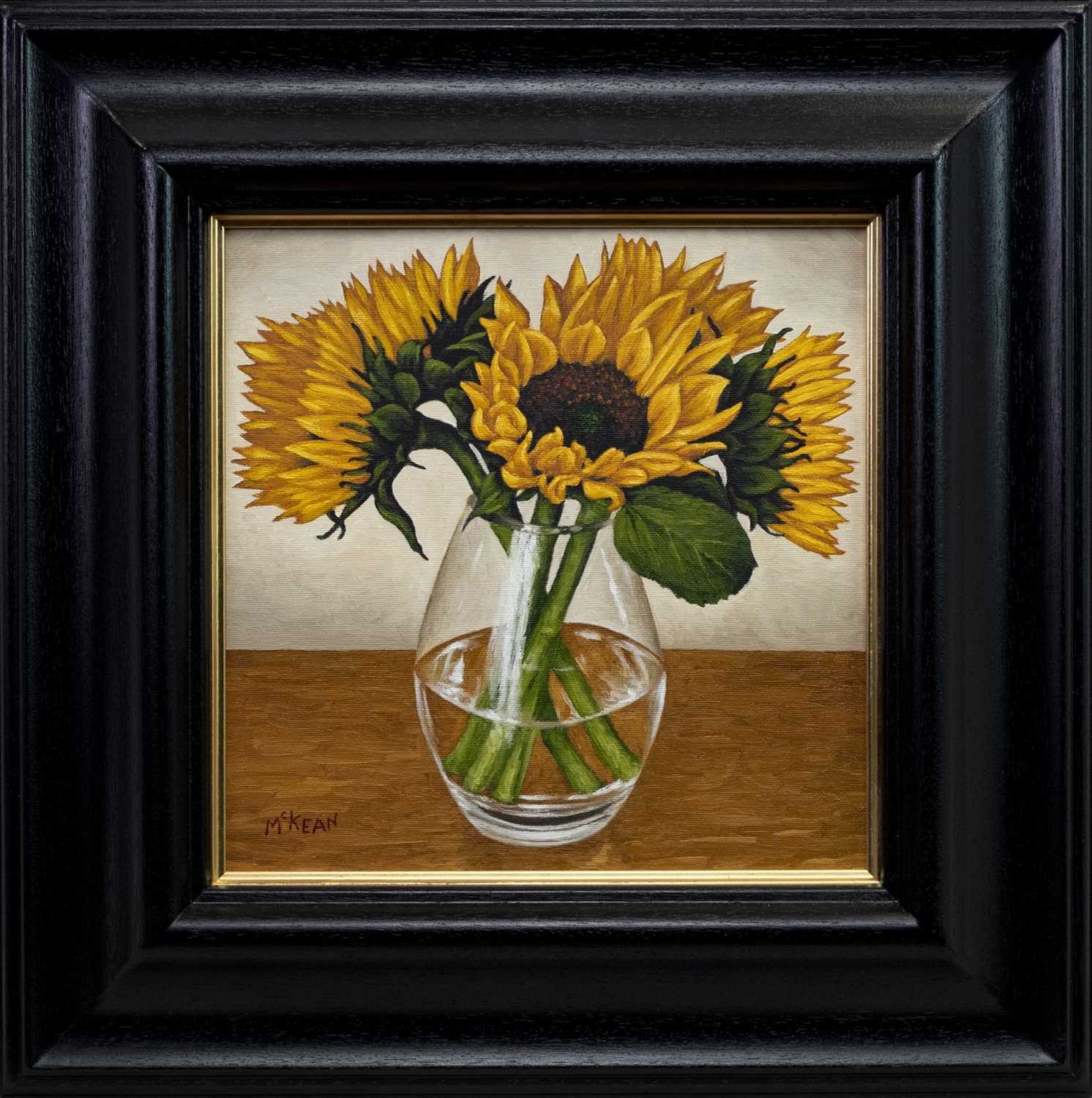 Lot 576 - SUNFLOWERS IN A GLASS VASE, AN OIL BY GRAHAM MCKEAN